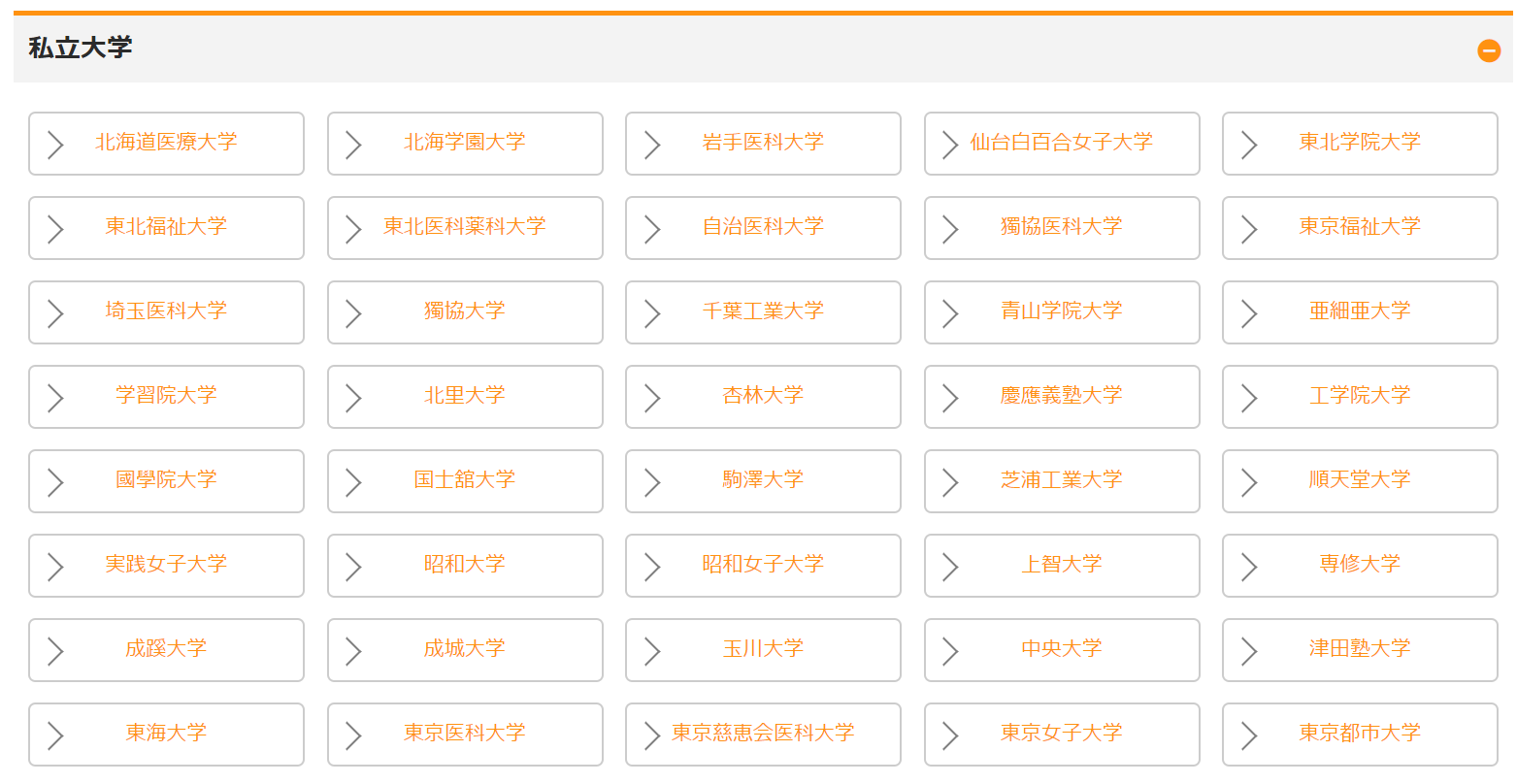 パスナビが過去問を扱う私立大学の例