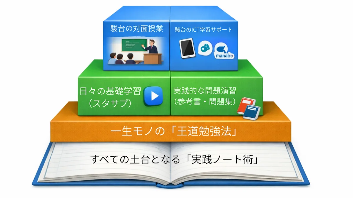 当サイトの王道勉強法における駿台予備校の位置づけ（基礎から応用へのステップ）
