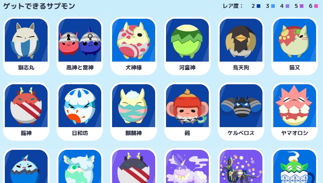 ゲットできるサプモンとレア度の例